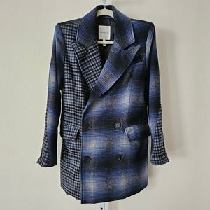 AVEC LES FILLES Wool Blend Double Breasted Mixed Plaid Blazer Jacket  Sz S